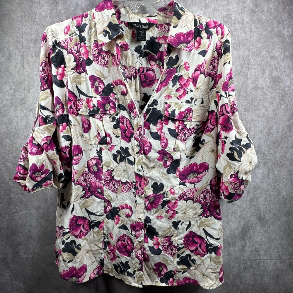 WHBM Women’s White Dark Pink Floral Silk Size 10 Button  
Up Top Bloomcore
